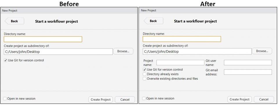 The RStudio GUI menu for creating a new workflowr project: before and after