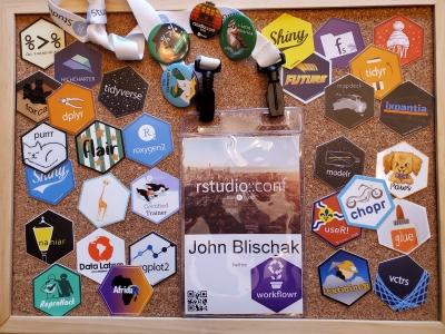 My badge and hex stickers from rstudio::conf 2020.